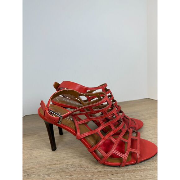 Ralph Lauren Women's Sandra Heel Ankle Straps Sandals Size 10B Red Caged Leather - Picture 7 of 7